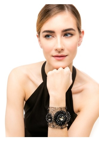 Handmade Beaded Floral Motif Bracelet - Hematite