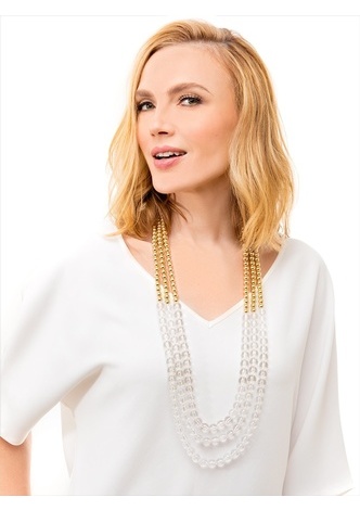 Beaded Lucite and Gold Long Necklace - Clear