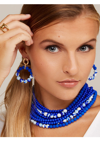 Blue Marbled Beaded Drop Hoop Earring