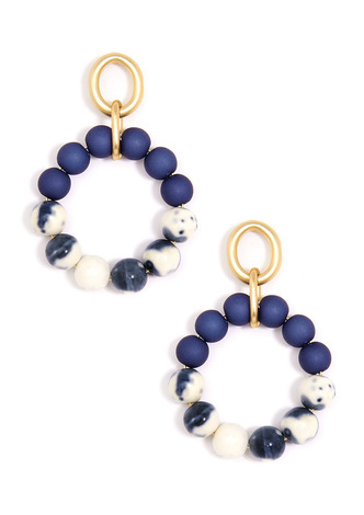 Blue Marbled Beaded Drop Hoop Earring