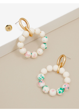 Blue Marbled Beaded Drop Hoop Earring