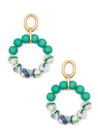 Blue Marbled Beaded Drop Hoop Earring