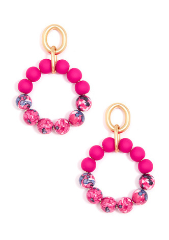 Blue Marbled Beaded Drop Hoop Earring