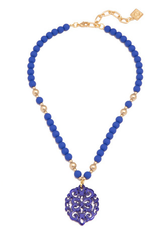 Damask Pendant Beaded Collar Necklace - BLK