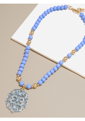 Damask Pendant Beaded Collar Necklace - BLK