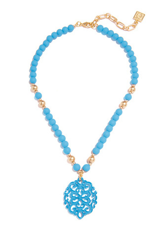 Damask Pendant Beaded Collar Necklace - BLK